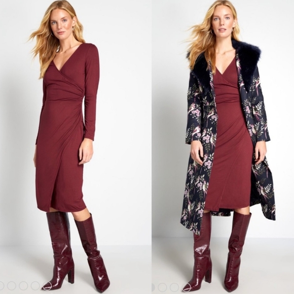 NWT MODCLOTH Burgundy Knit On The Town Faux Wrap Dress - Picture 1 of 9